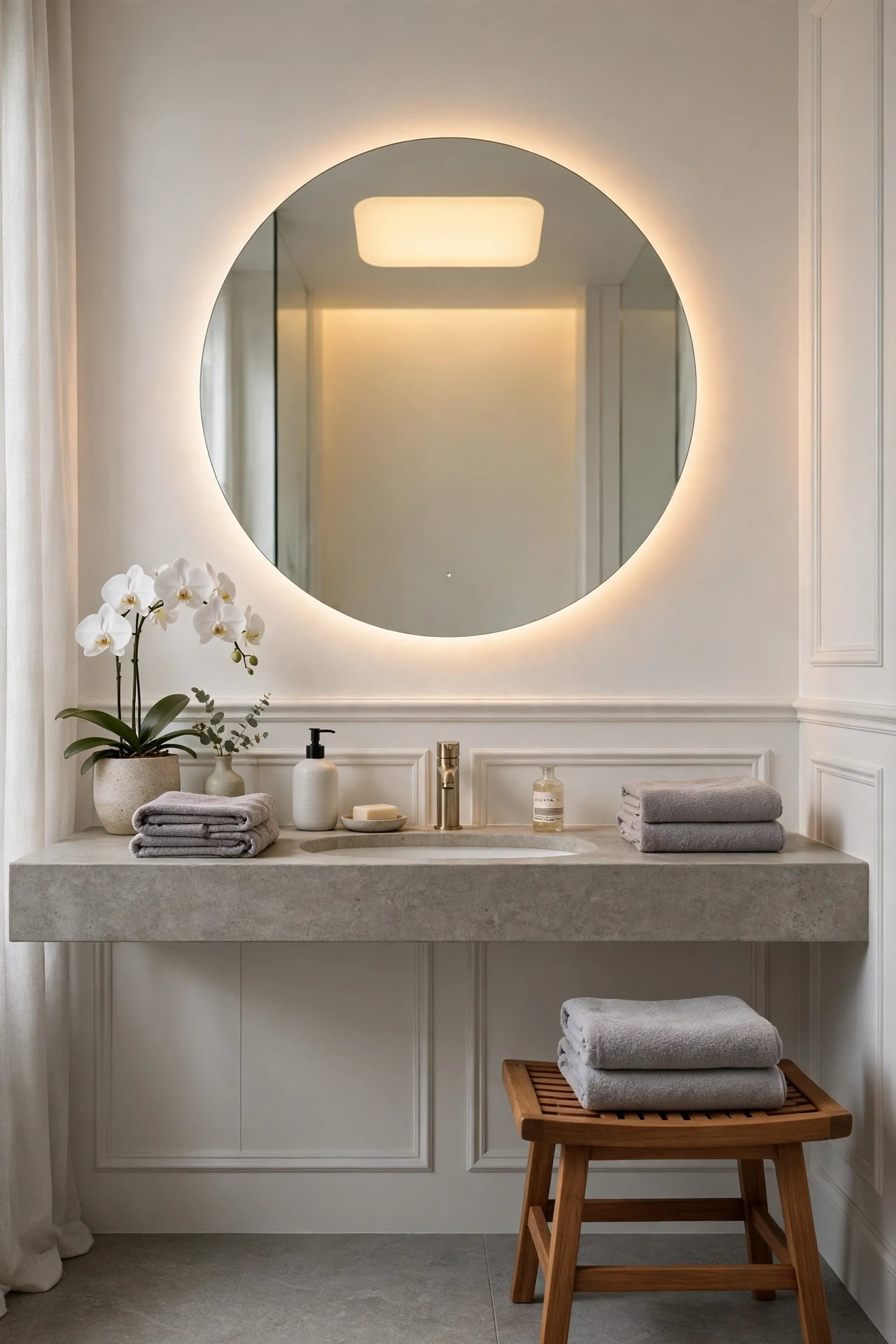 Backlit round mirror glowing above white Scandinavian wainscoting in a spa bathroom
