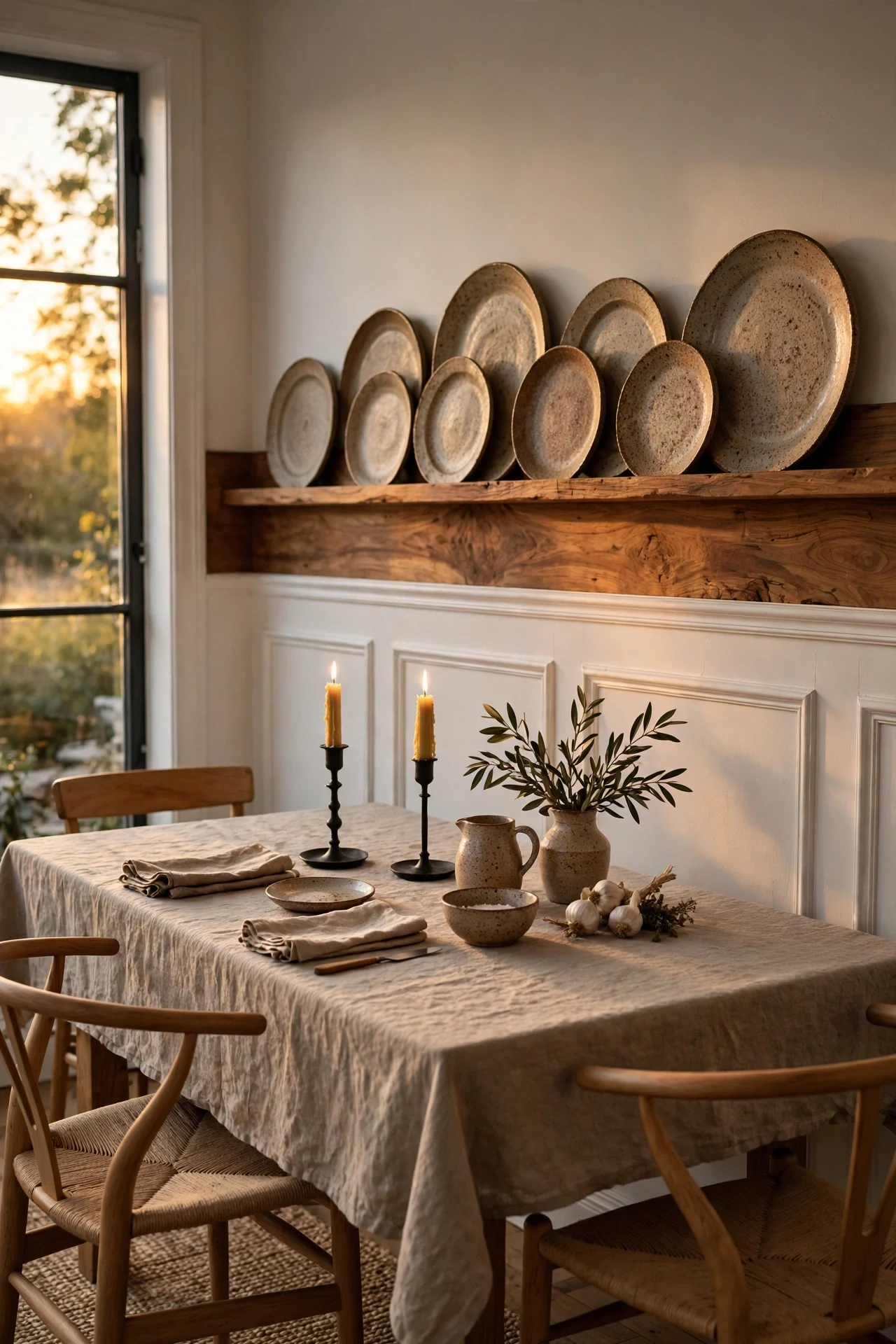 Handmade stoneware plates on a deep rail above white Scandinavian wainscoting in a dining room