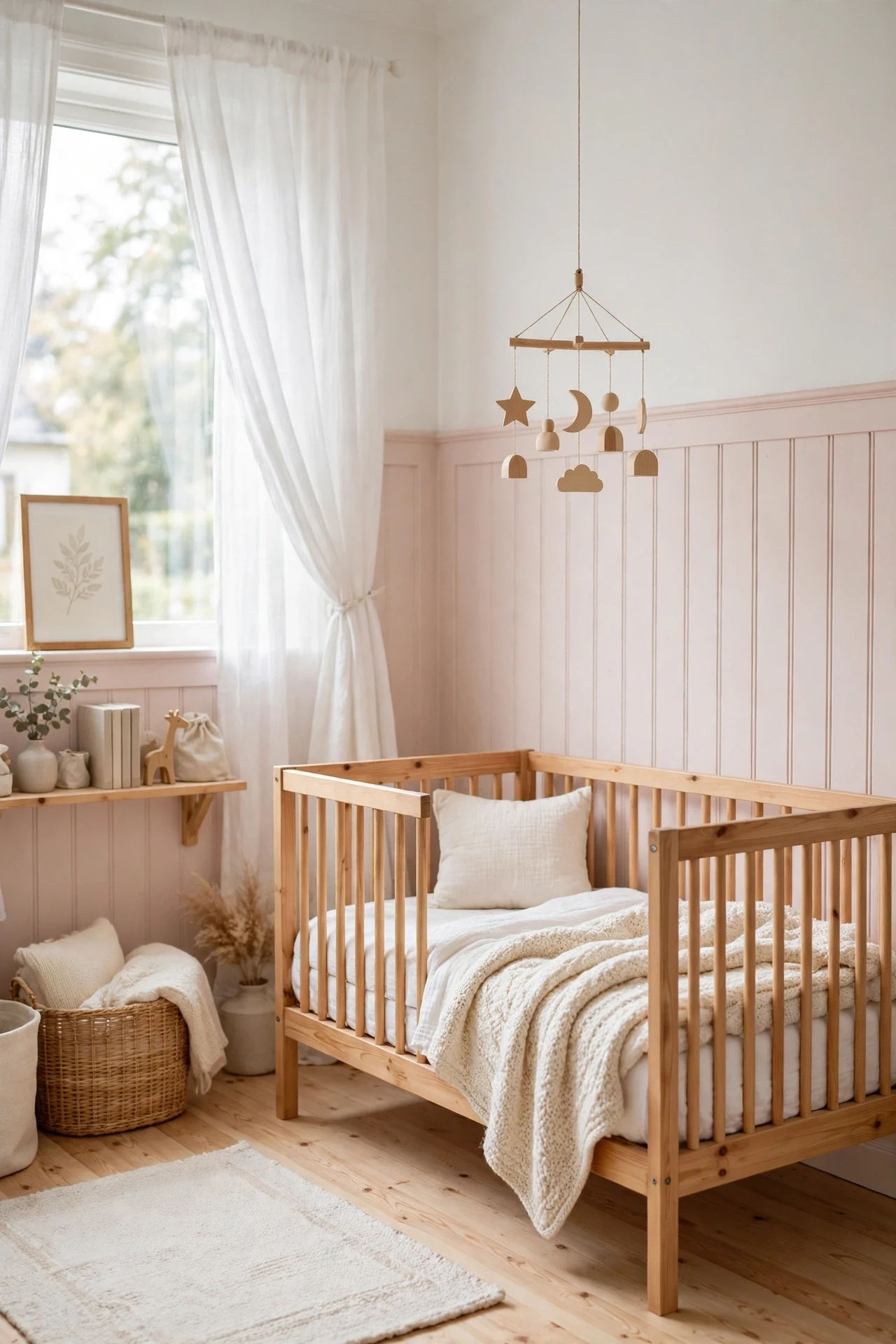 Blush-tinted white Scandinavian wainscoting in a nursery with pine cot and muslin curtains