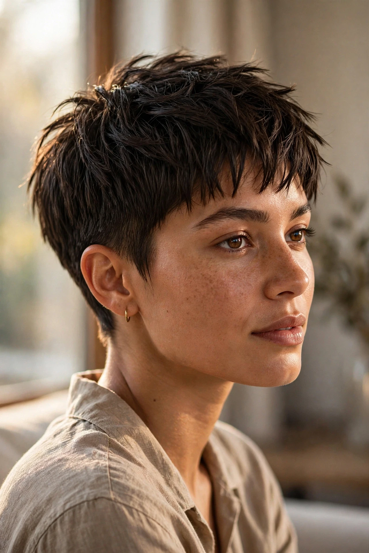 Piece-y matte crop textured pixie cut with separated strand texture