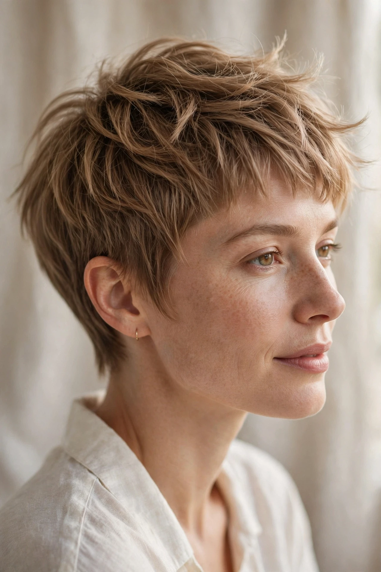 Razor-cut textured pixie with feathered wispy ends