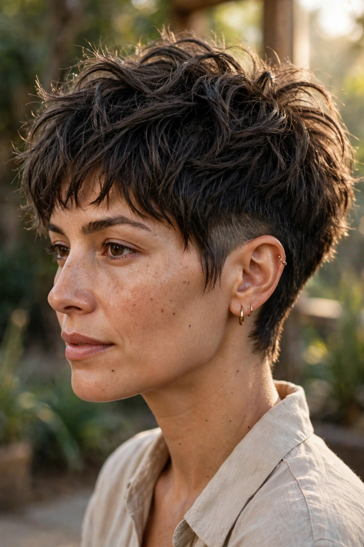 Shaggy textured pixie cut with choppy layered crown