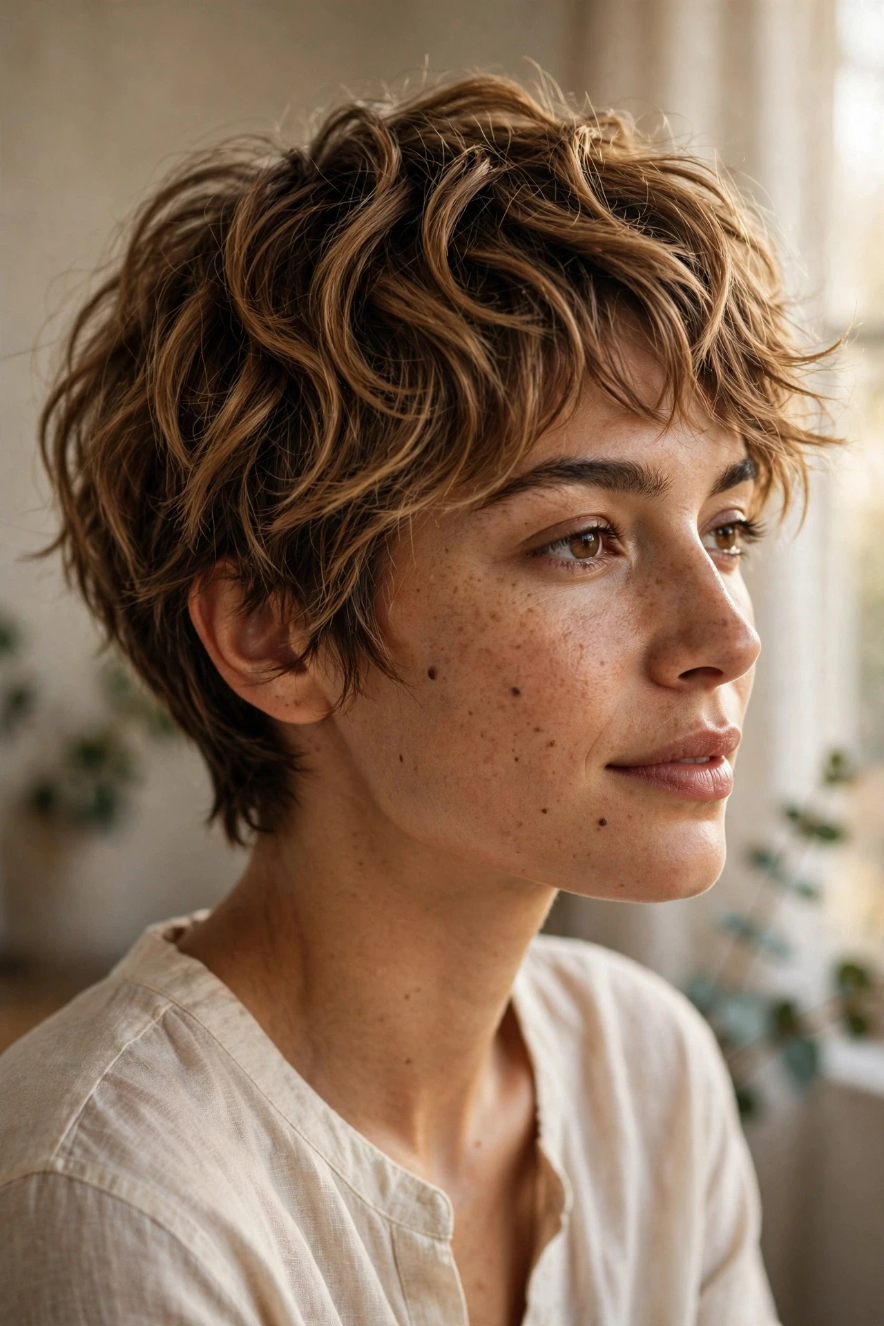 Textured pixie cut for wavy hair with natural wave movement