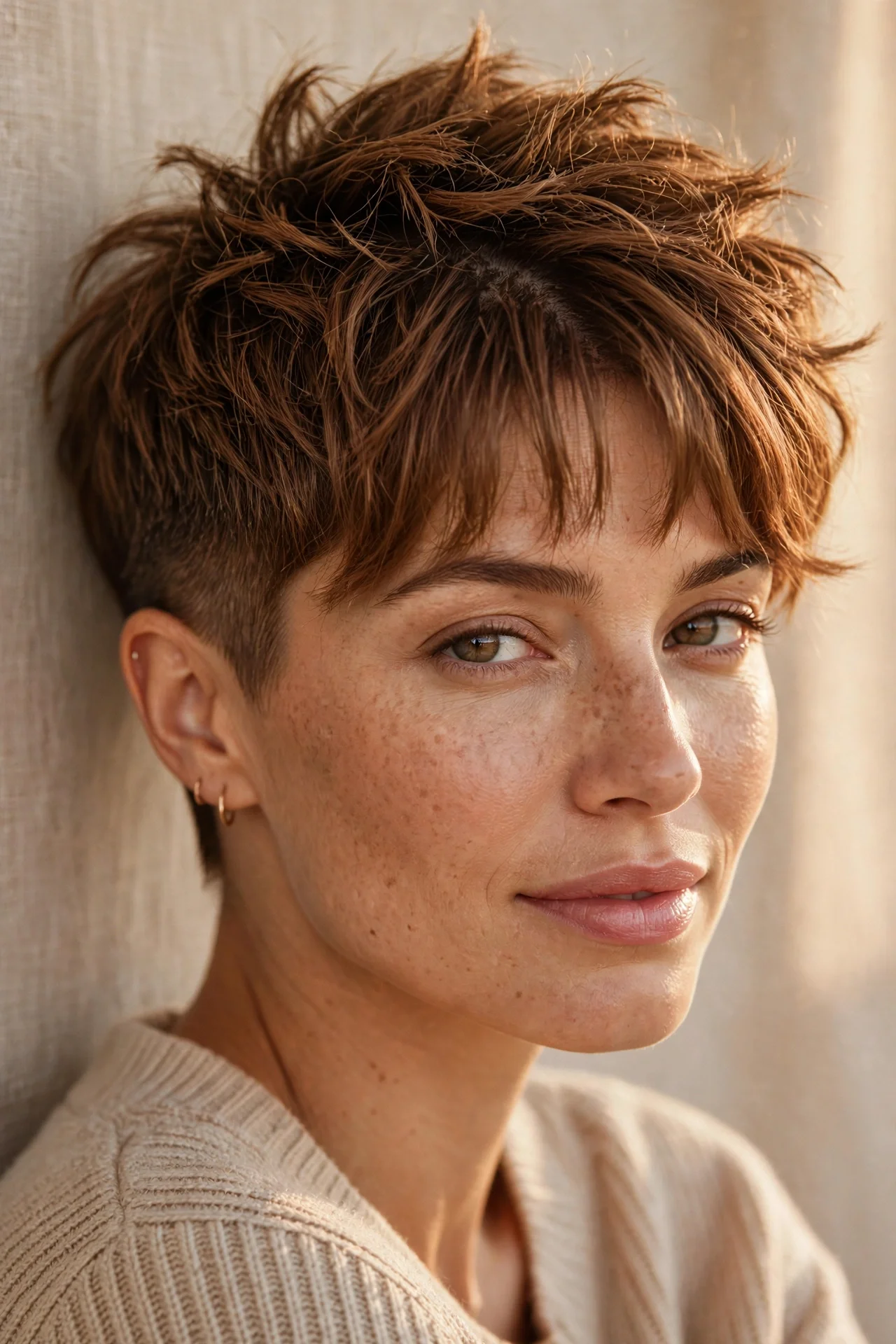 Textured pixie cut with curtain fringe and point-cut crown