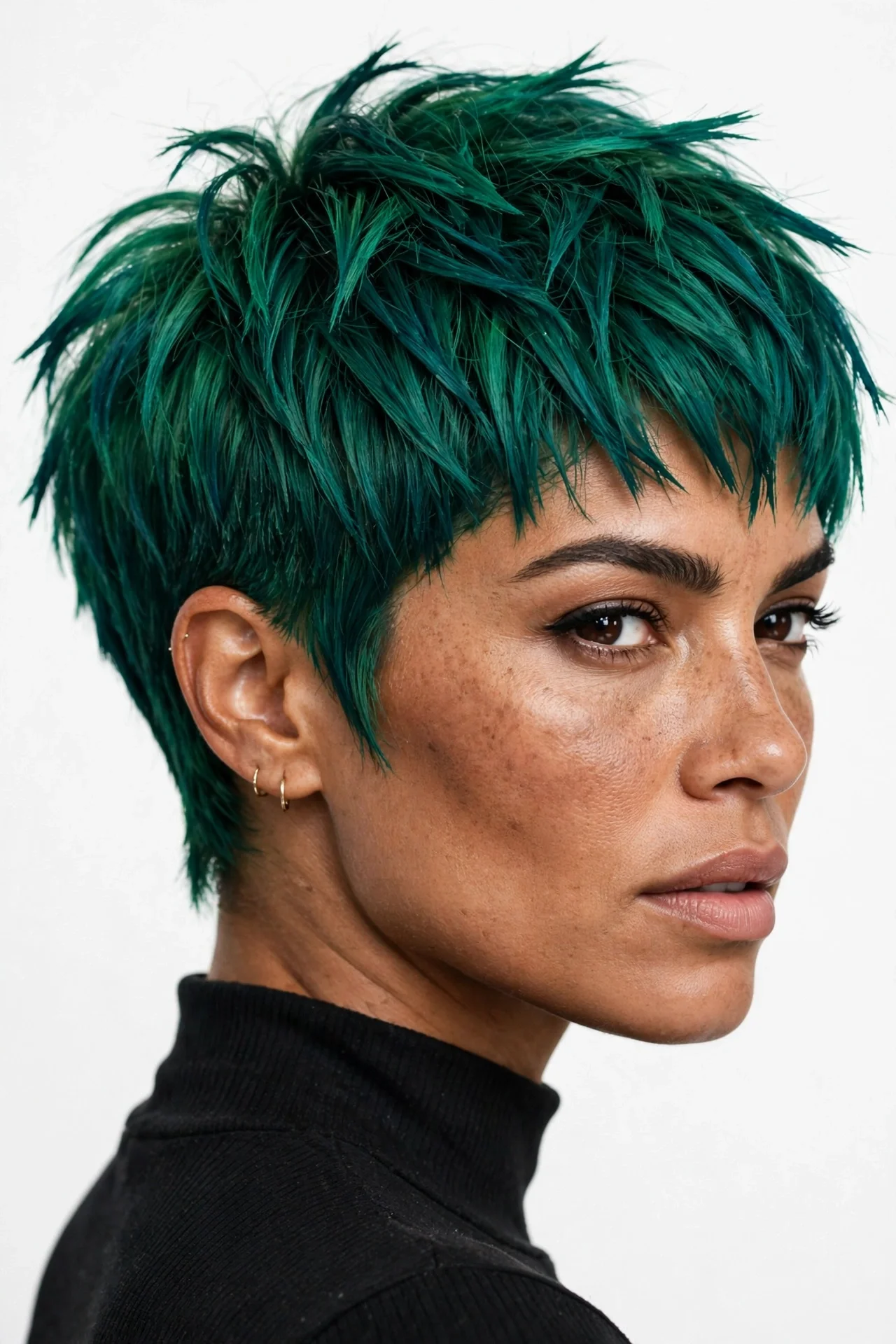 Textured pixie cut in vivid emerald green colour