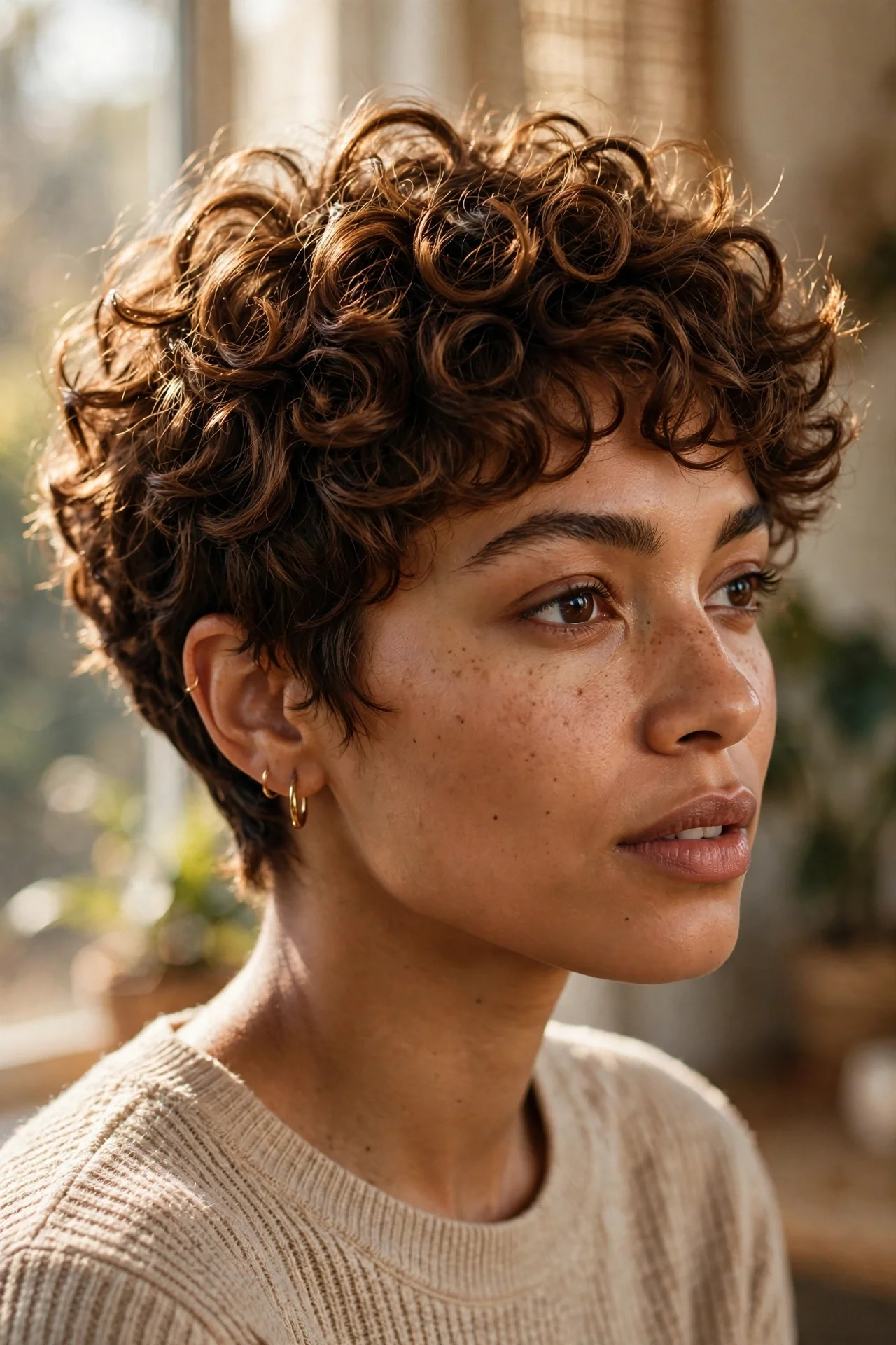 Textured pixie cut for curly hair with defined natural curls