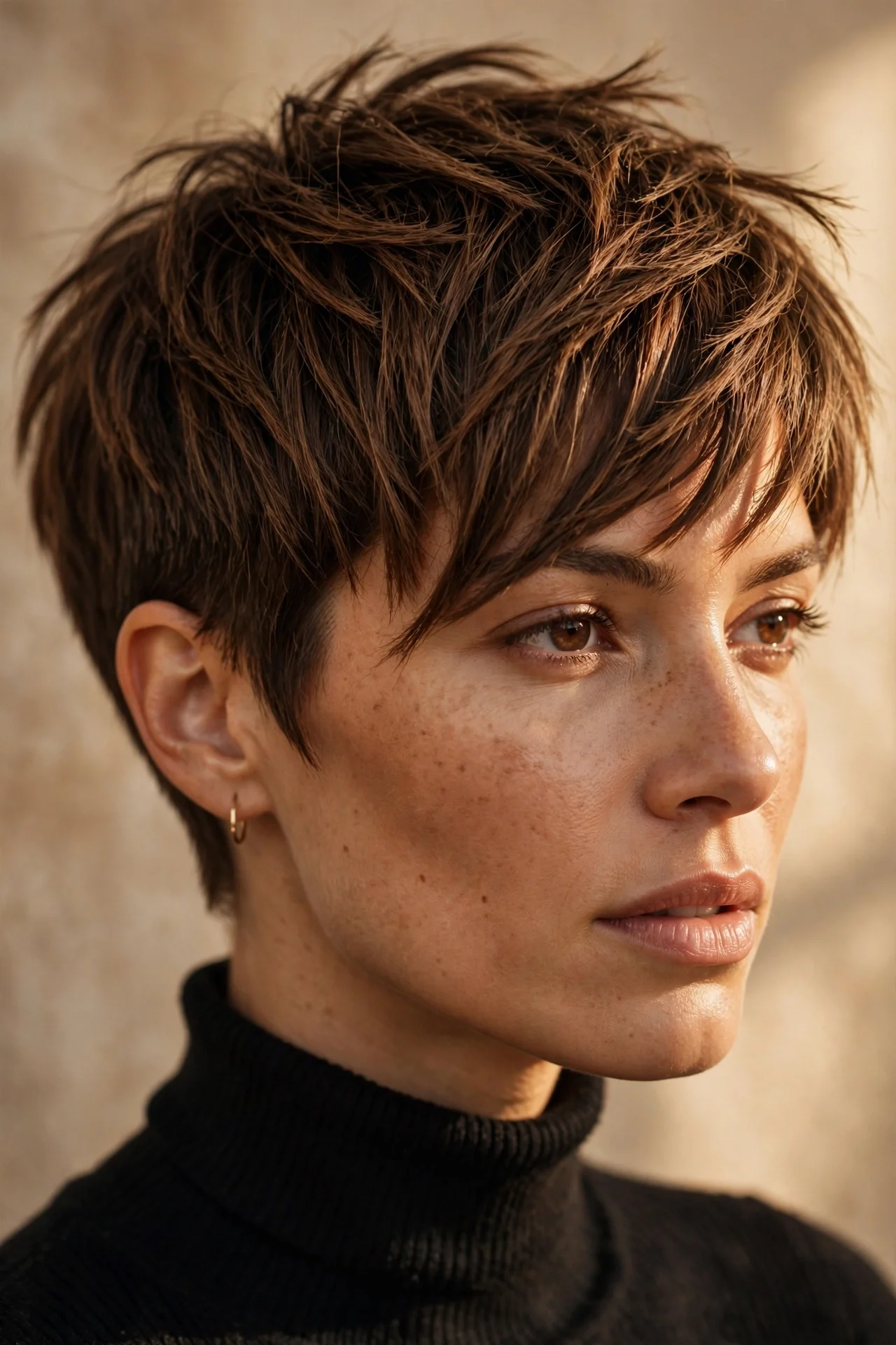 Textured pixie cut with diagonal fringe sweeping across forehead