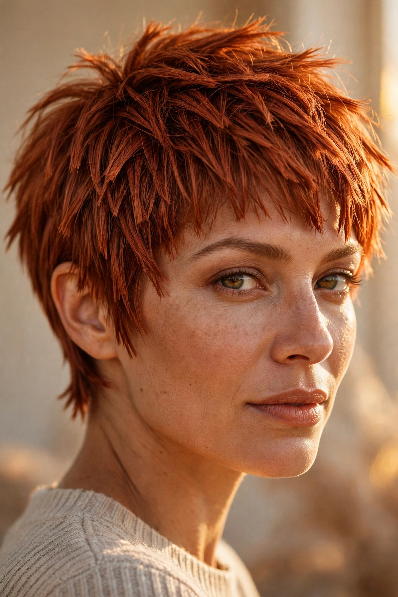 Bold textured pixie in vivid copper auburn colour