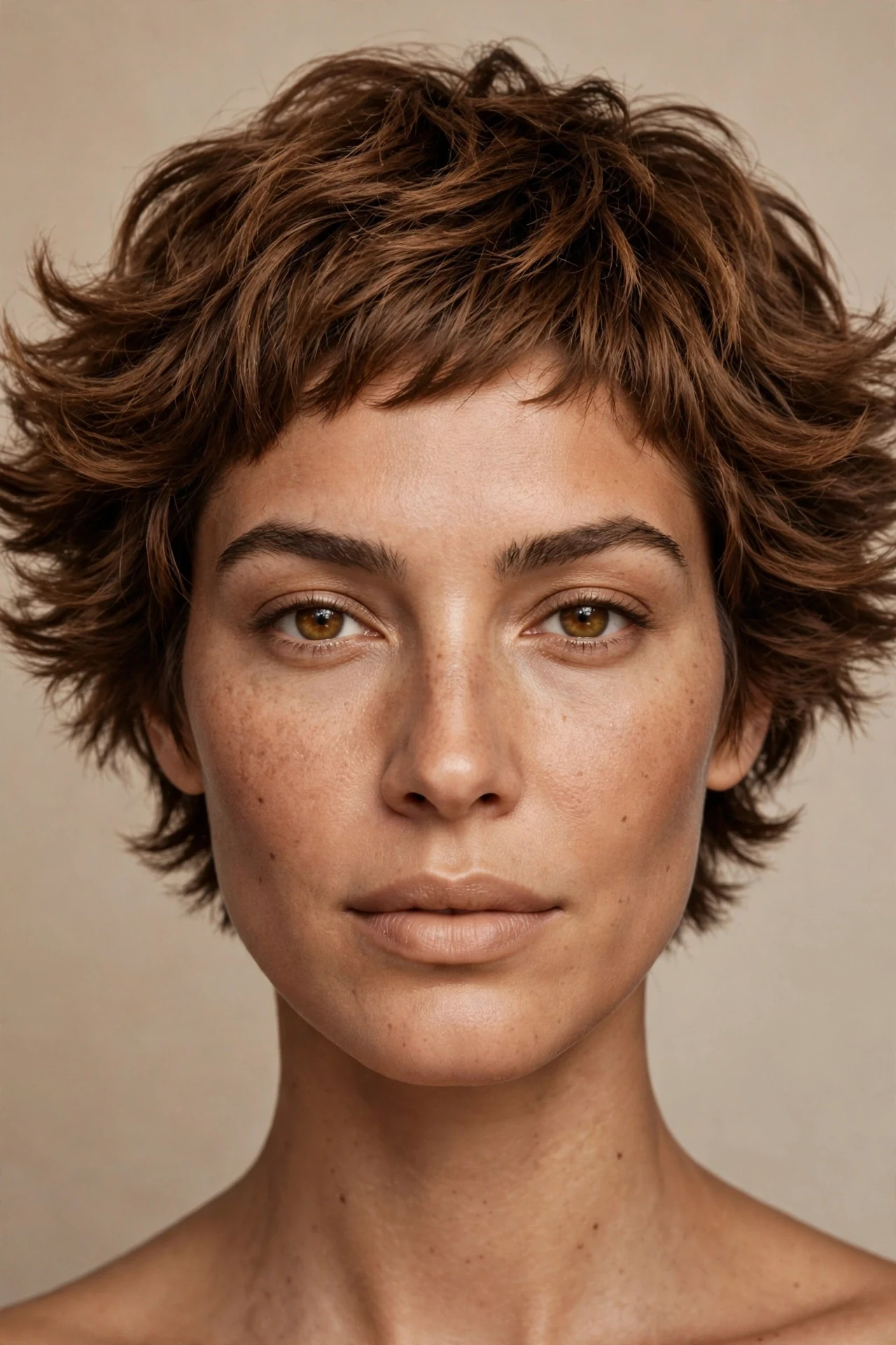 Textured pixie for oblong faces with temple and side volume