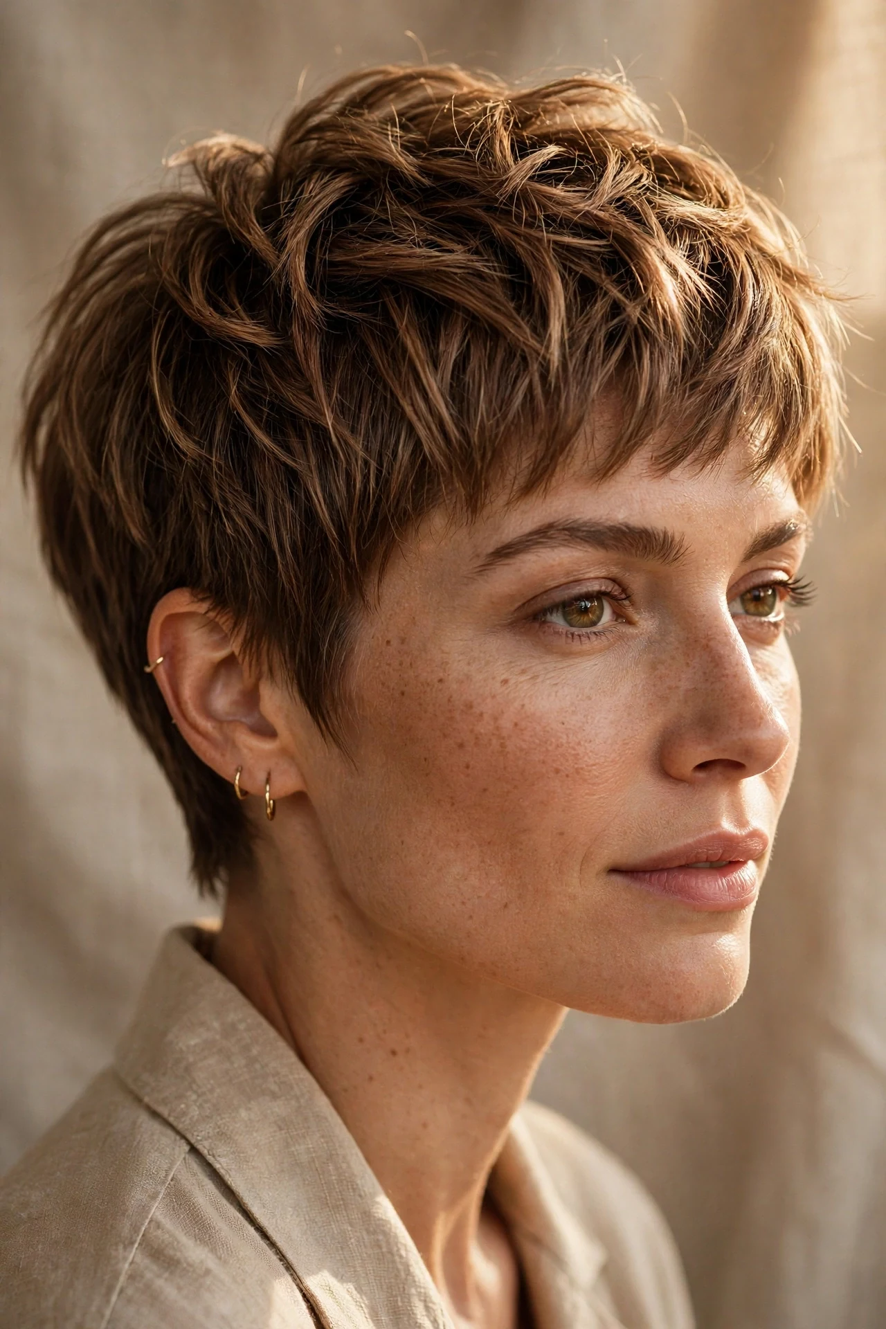 Textured pixie with subtle tonal highlights through crown