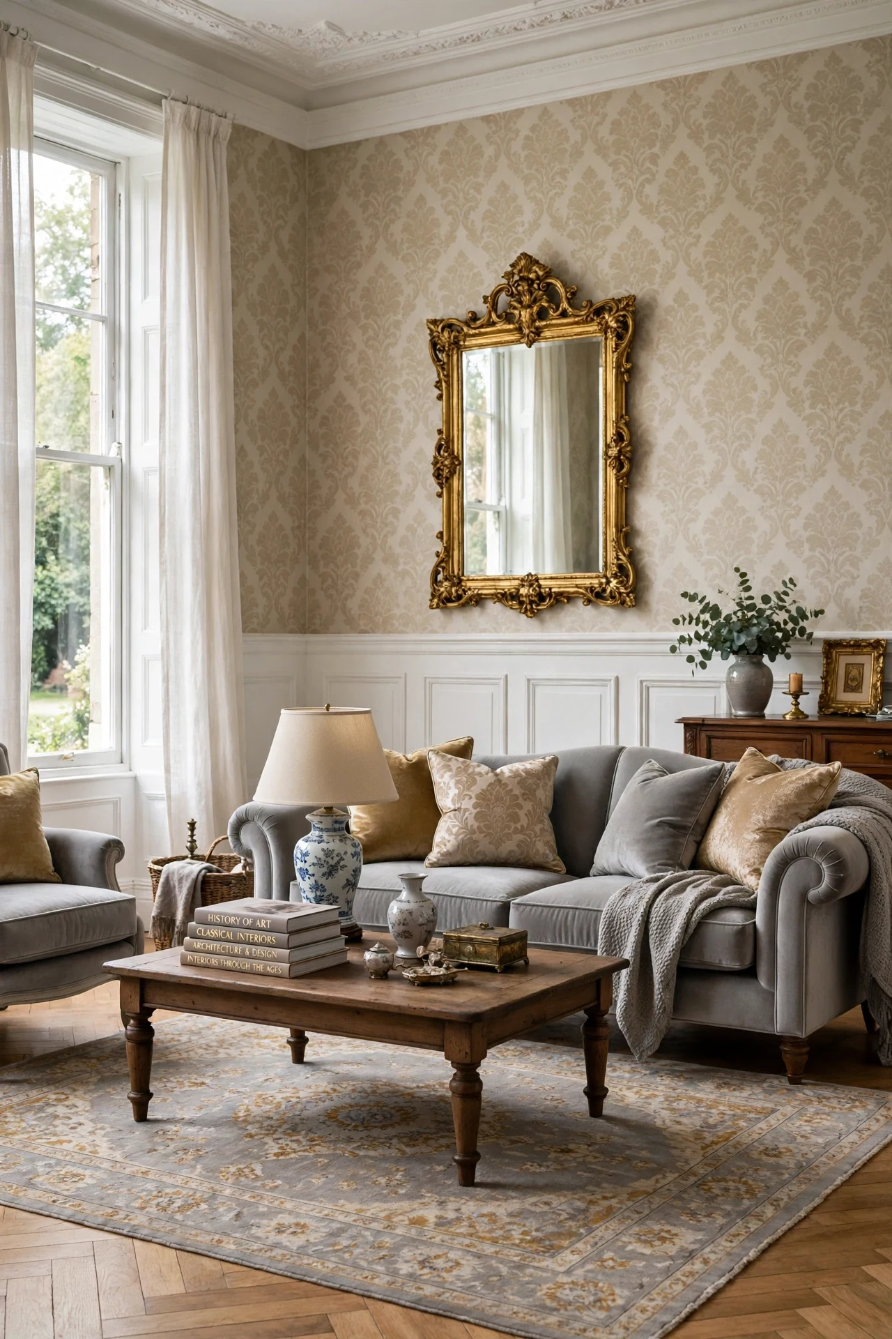 Damask Wallpaper Above a Chair Rail