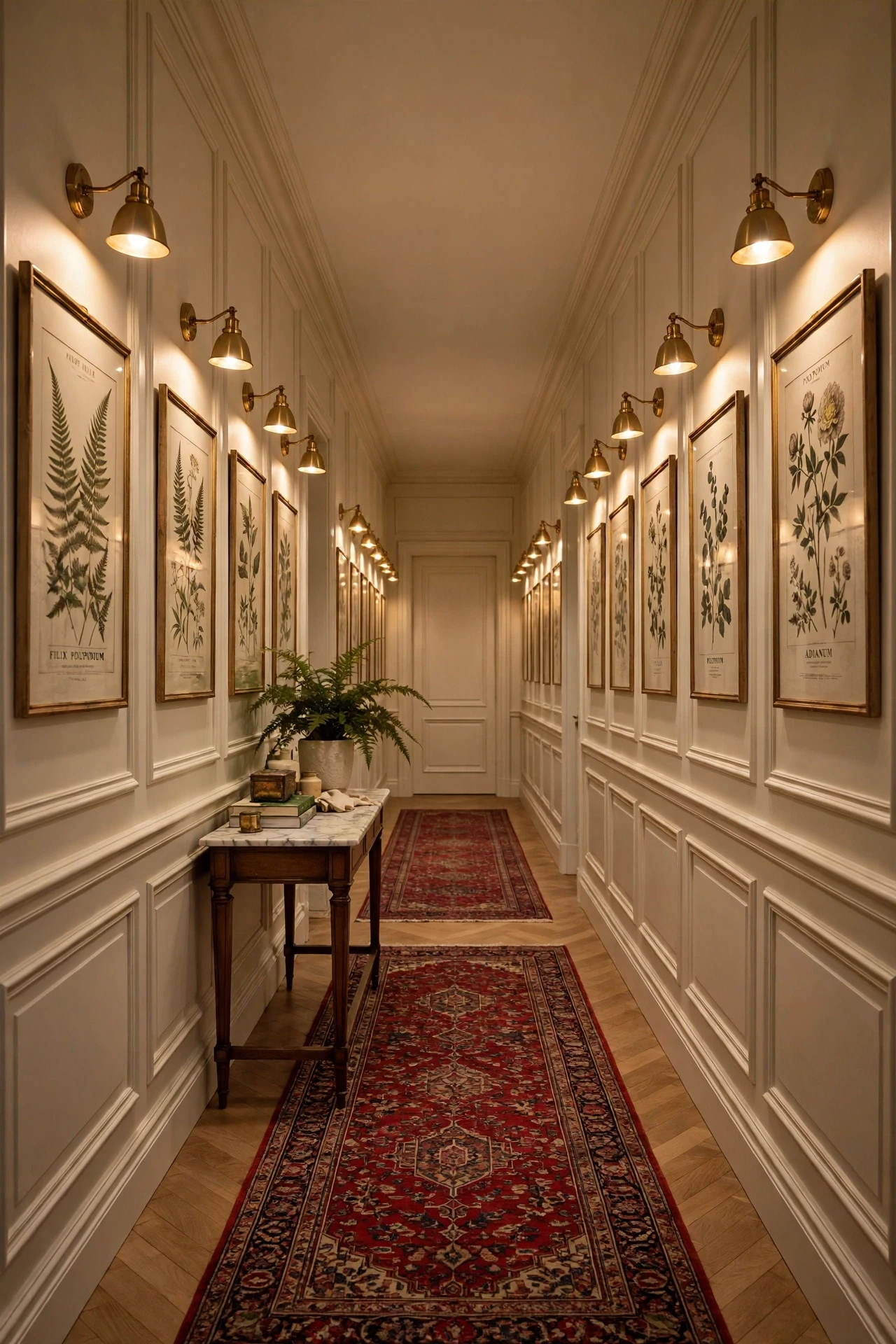 Brass Picture Lights Washing a Paneled Hallway