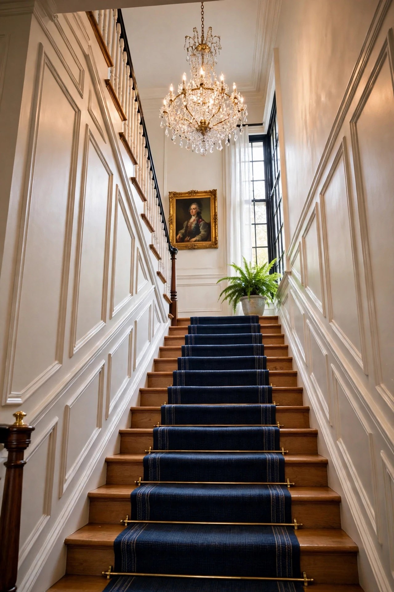 Crystal Chandelier Over a Paneled Staircase