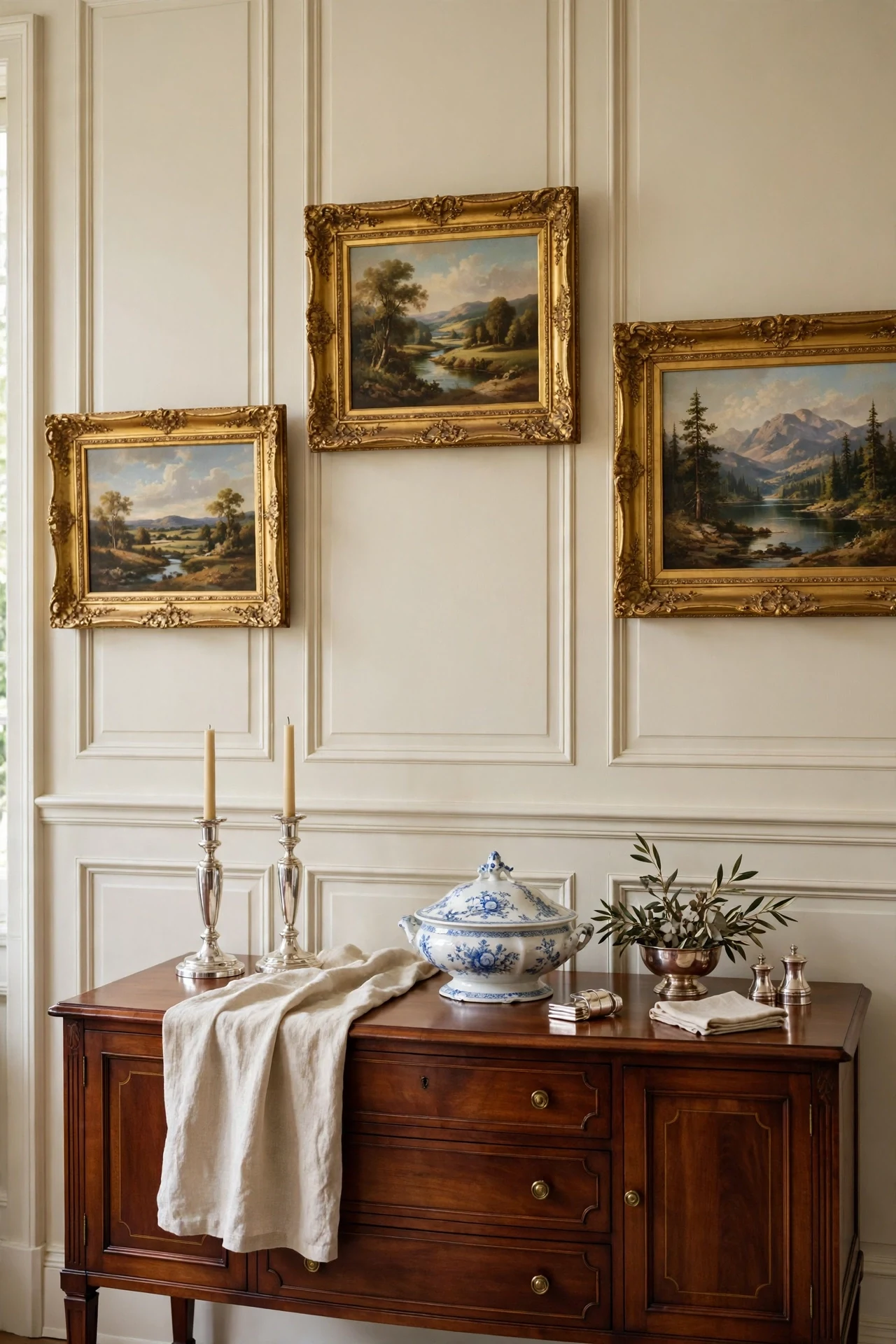 Framed Oil Paintings Hung on Panel Walls