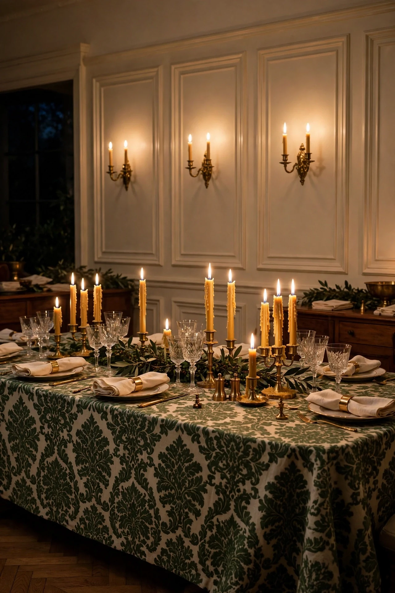 Candlelight Dinner Against Paneled Walls