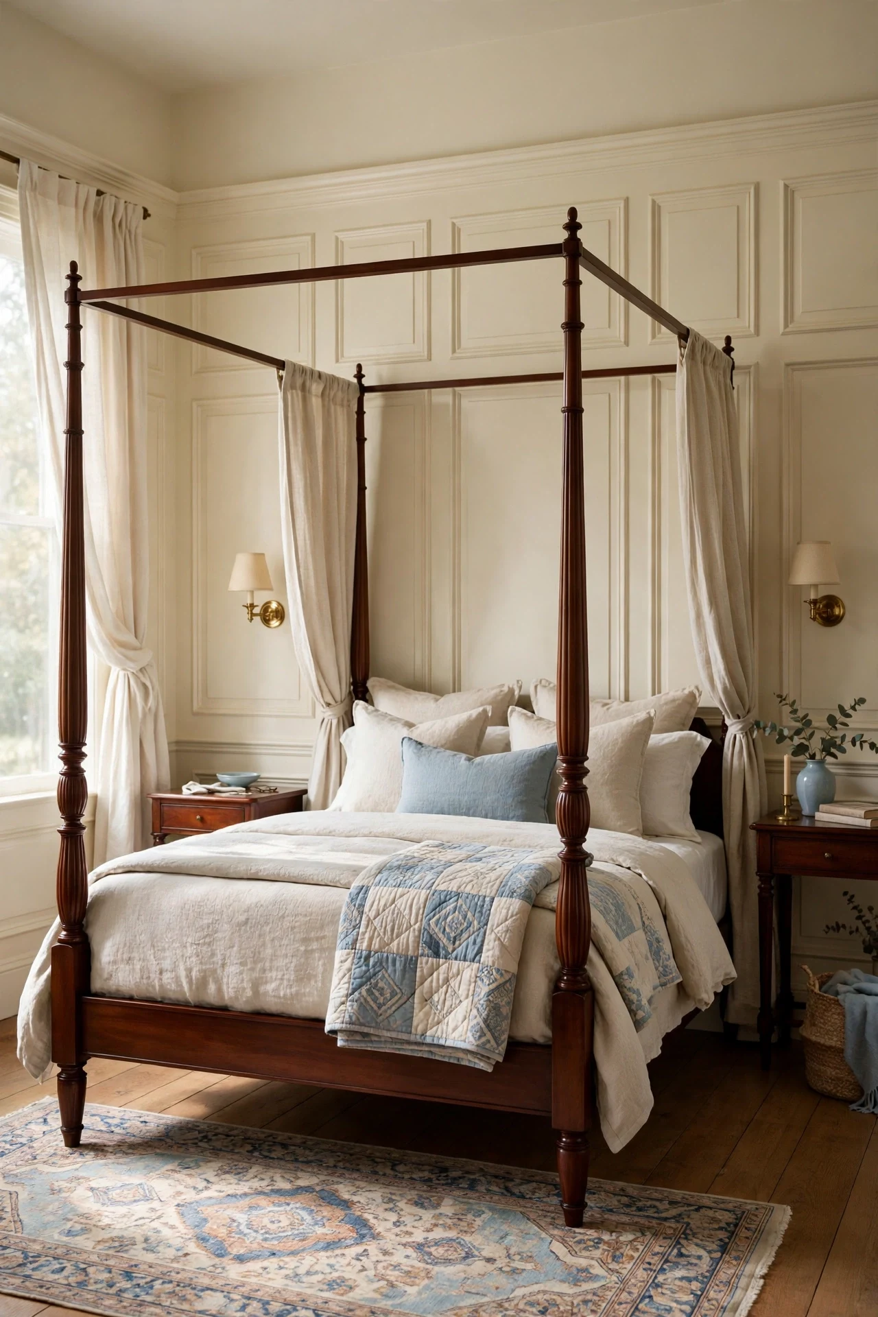 Canopy Bed Against a Paneled Bedroom Wall