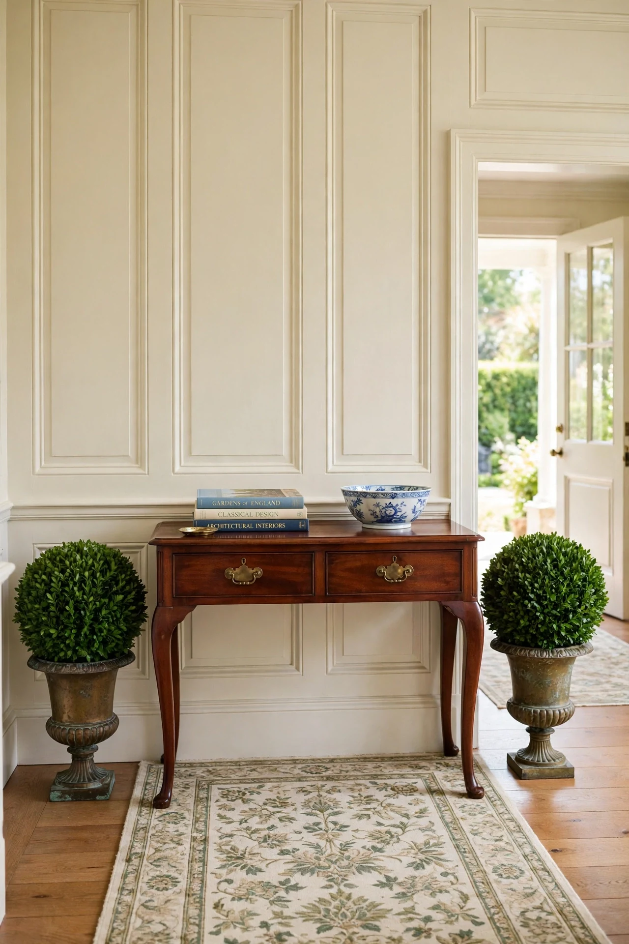 Boxwood Topiary in Brass Urns