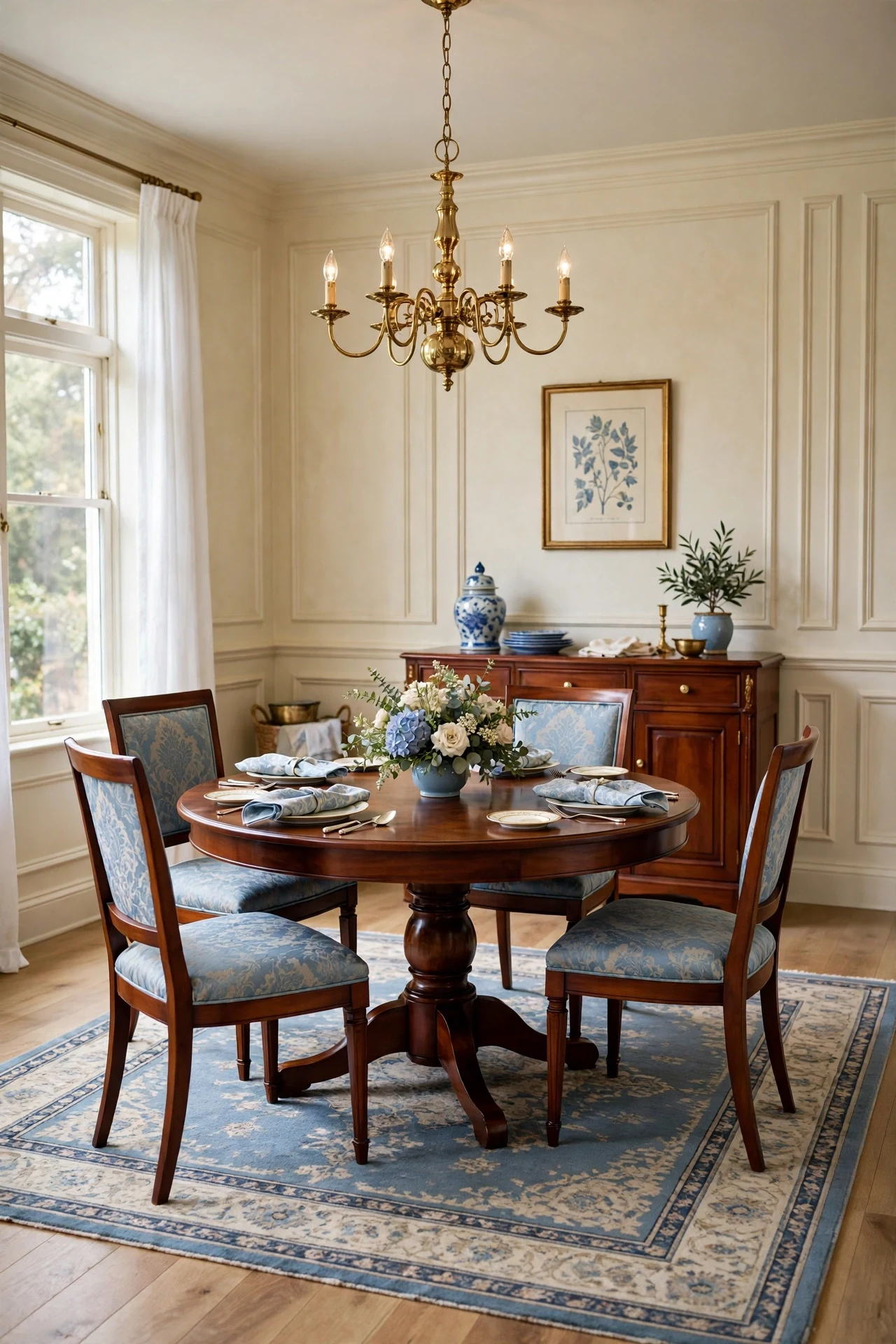 Round Pedestal Table in a Paneled Dining Room