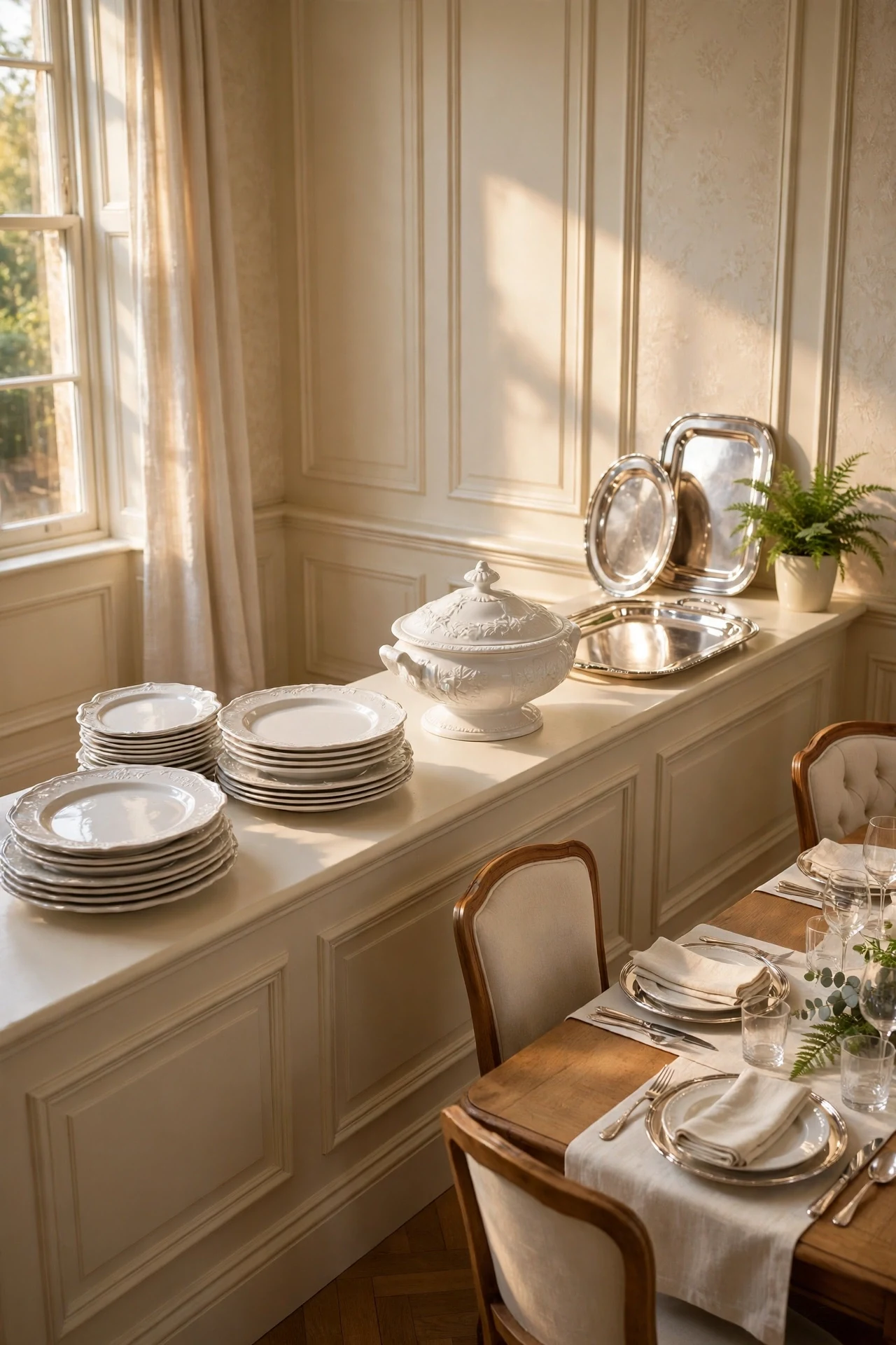 Silver Trays and Ironstone on a Chair-Rail Ledge